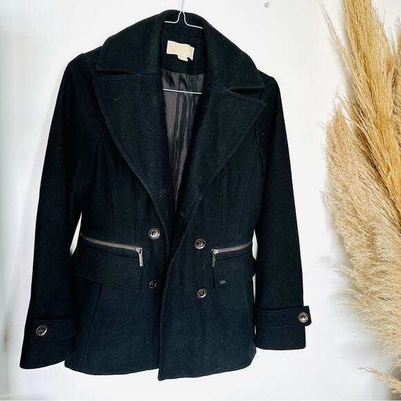 MK MICHAEL KORS Black Wool Button Front Zipper Pockets Classic Jacket Pea Coat M - Picture 13 of 16